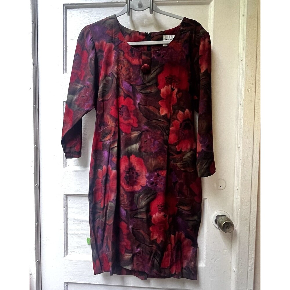 Vtg Dark Romantic Dress M Lolita Gothic Red Rose Floral 3/4 sleeve Lolita Volup